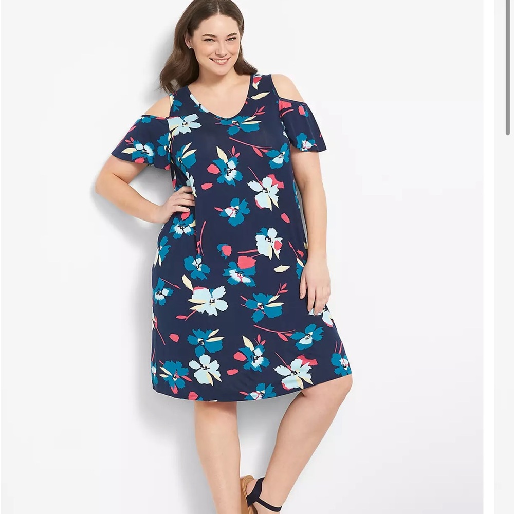 Lane Bryant Blue Pink cold shoulder V-Neck Sundress